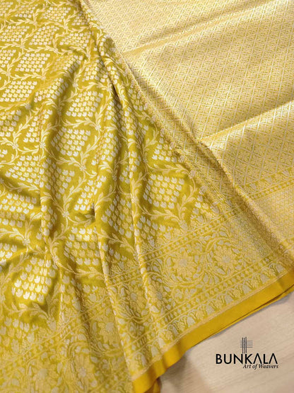 Greenish Yellow Jangla Banarasi Silk Saree
