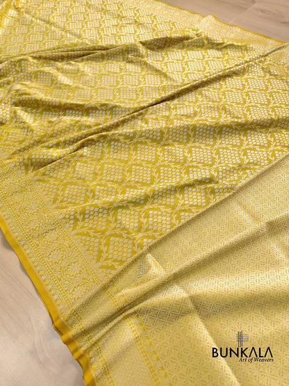 Greenish Yellow Jangla Banarasi Silk Saree