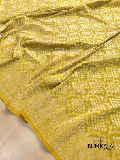 Greenish Yellow Jangla Banarasi Silk Saree