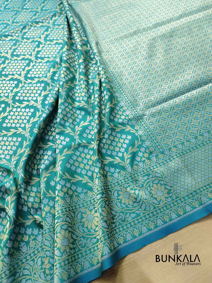 Peacock Blue Jangla Banarasi Silk Saree