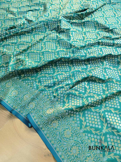Peacock Blue Jangla Banarasi Silk Saree