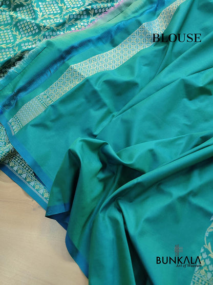 Peacock Blue Jangla Banarasi Silk Saree
