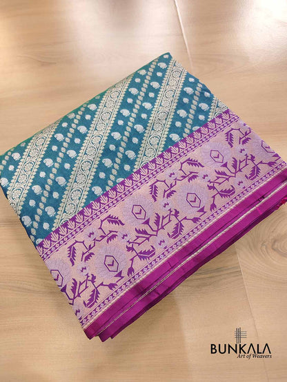 Peacock Blue Stripe Banarasi Silk Saree