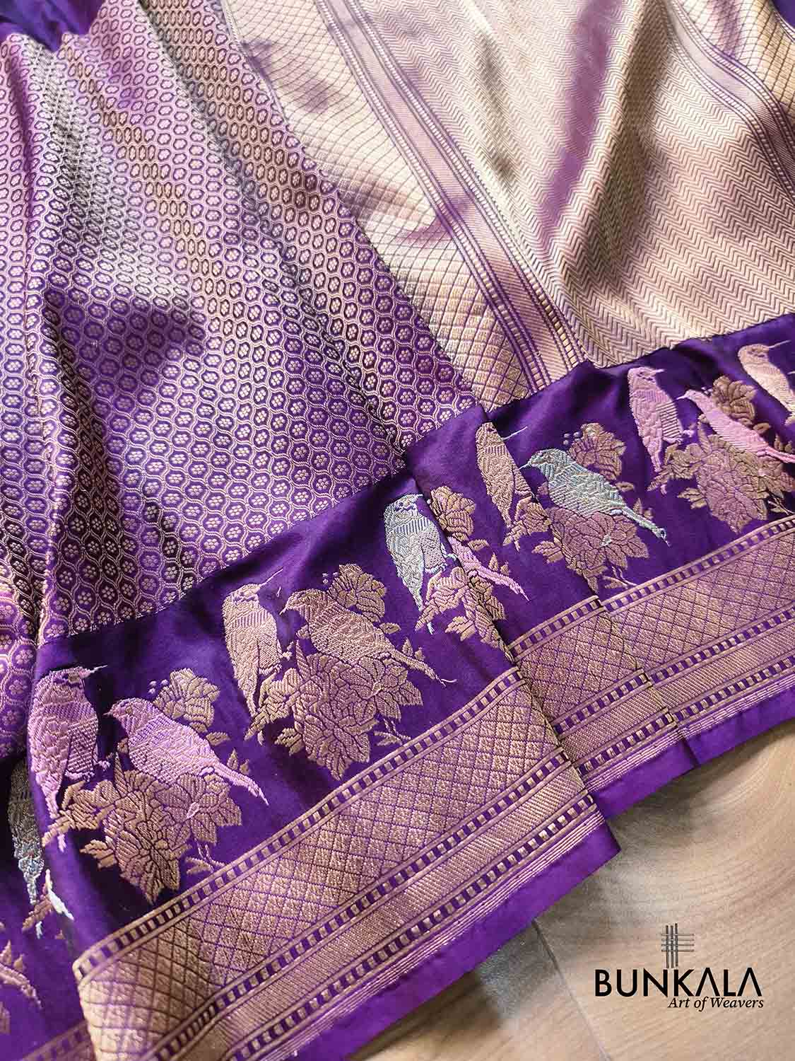 Purple Tanchui Body Birds Meenakari Border Kadwa Handloom Banarasi Pure Katan Silk Saree