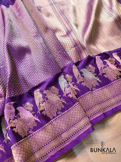 Purple Tanchui Body Birds Meenakari Border Kadwa Handloom Banarasi Pure Katan Silk Saree
