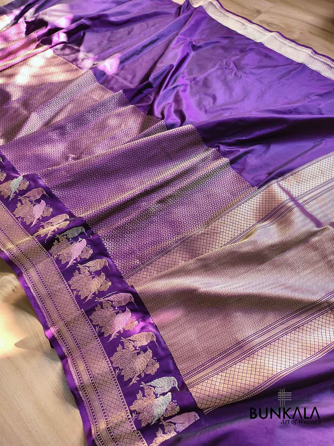Purple Tanchui Body Birds Meenakari Border Kadwa Handloom Banarasi Pure Katan Silk Saree
