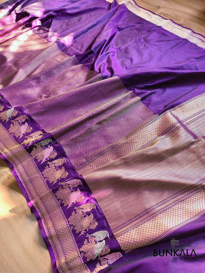 Purple Tanchui Body Birds Meenakari Border Kadwa Handloom Banarasi Pure Katan Silk Saree
