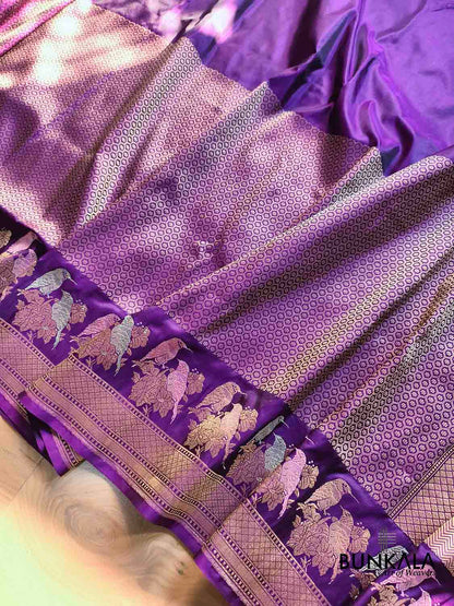 Purple Tanchui Body Birds Meenakari Border Kadwa Handloom Banarasi Pure Katan Silk Saree
