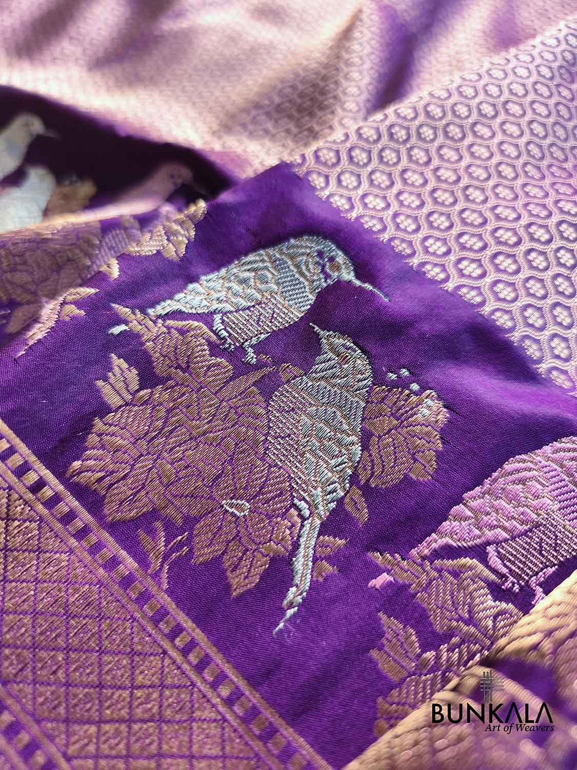 Purple Tanchui Body Birds Meenakari Border Kadwa Handloom Banarasi Pure Katan Silk Saree
