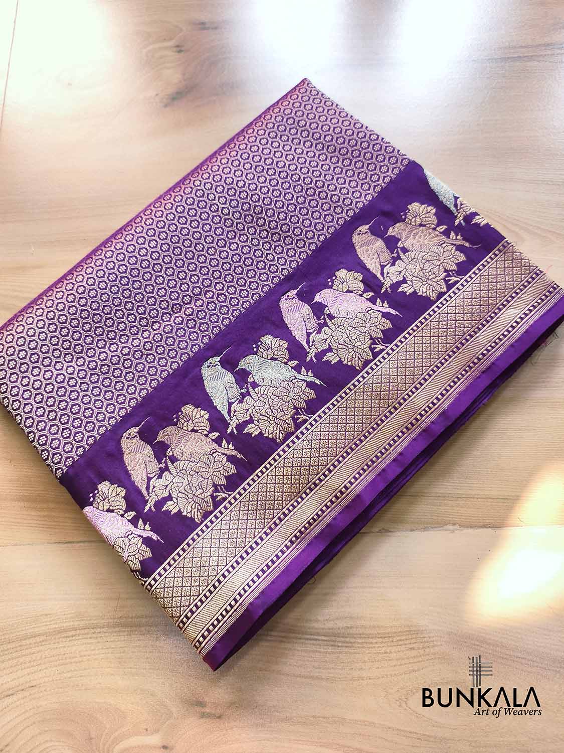 Purple Tanchui Body Birds Meenakari Border Kadwa Handloom Banarasi Pure Katan Silk Saree