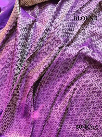 Purple Tanchui Body Birds Meenakari Border Kadwa Handloom Banarasi Pure Katan Silk Saree