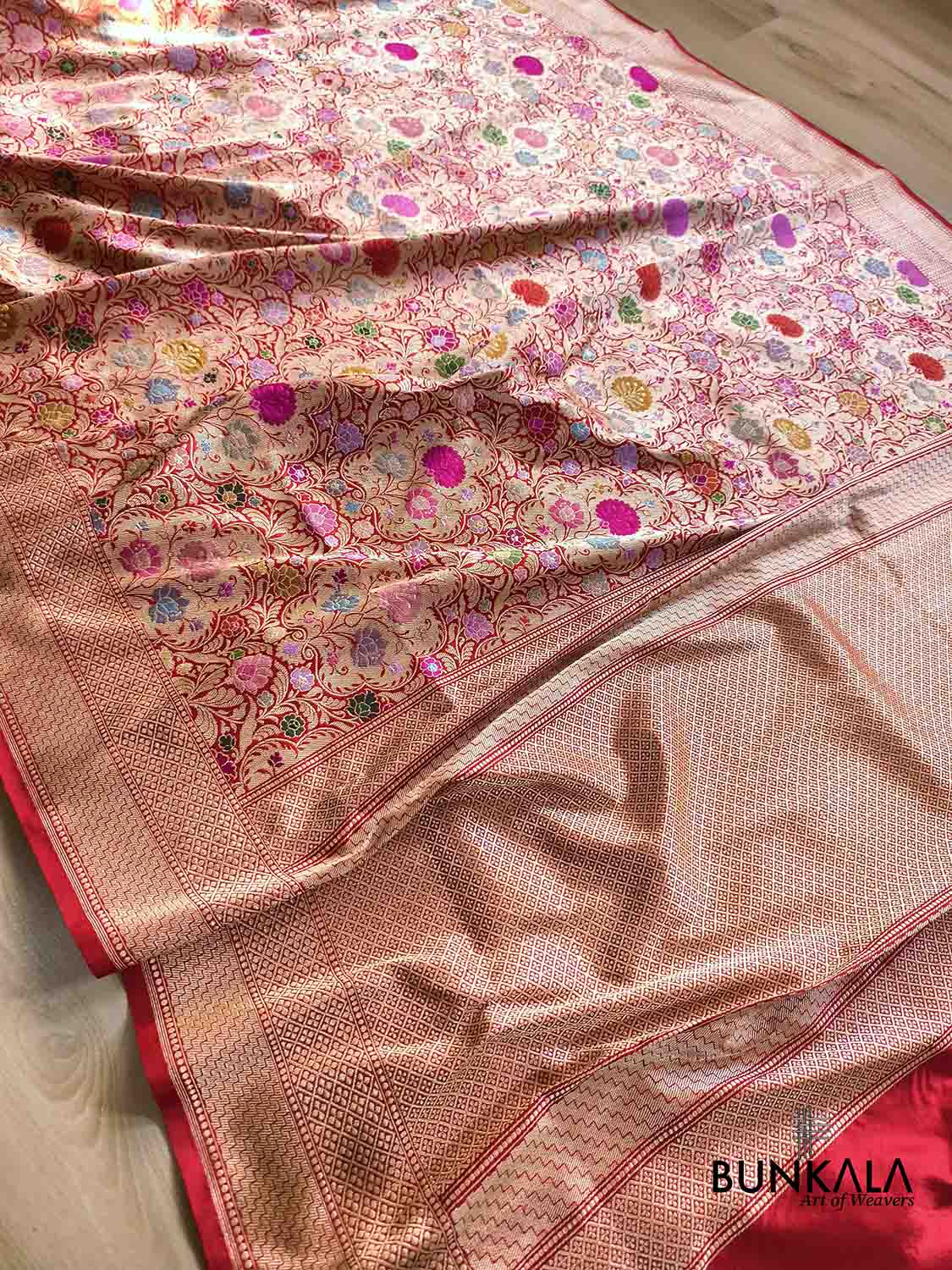 Bridal Red Kimkhab Multi Kadwa Handweaved Banarasi Pure Katan Silk Saree 