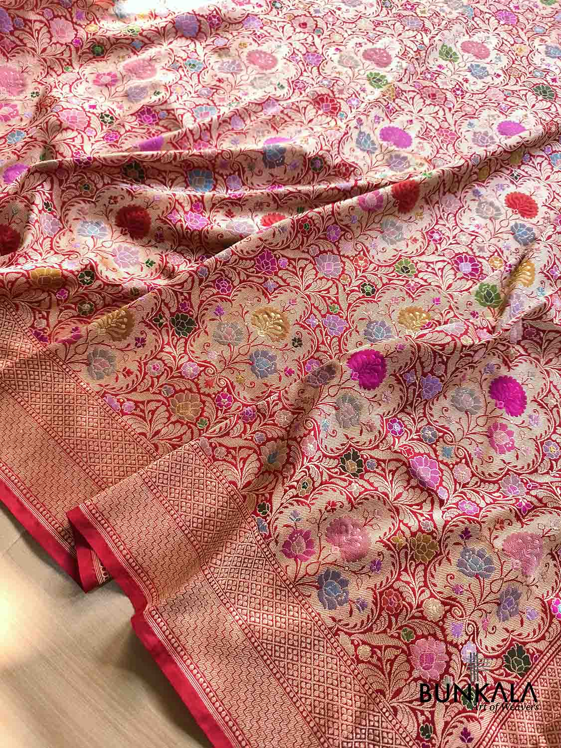 Bridal Red Kimkhab Multi Kadwa Handweaved Banarasi Pure Katan Silk Saree 