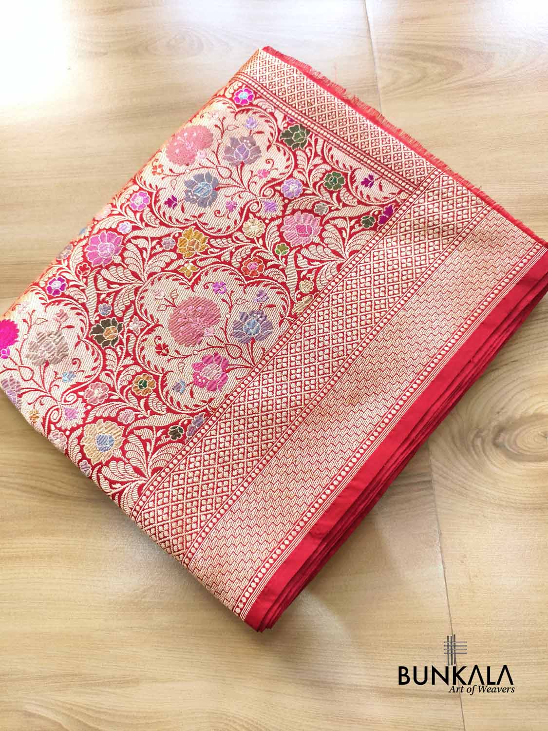 Bridal Red Kimkhab Multi Kadwa Handweaved Banarasi Pure Katan Silk Saree 