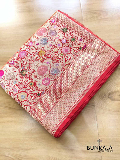 Bridal Red Kimkhab Multi Kadwa Handweaved Banarasi Pure Katan Silk Saree 
