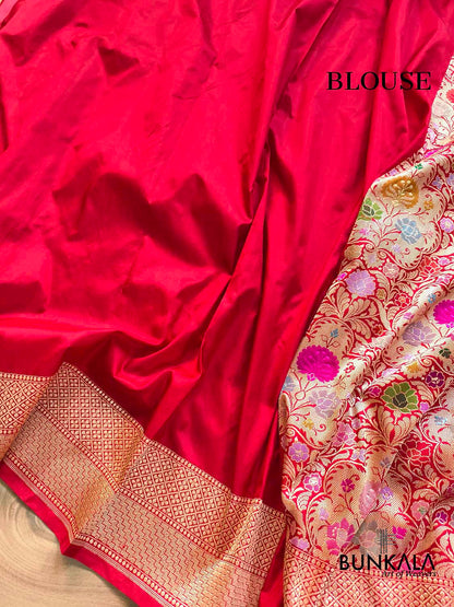 Bridal Red Kimkhab Multi Kadwa Handweaved Banarasi Pure Katan Silk Saree 