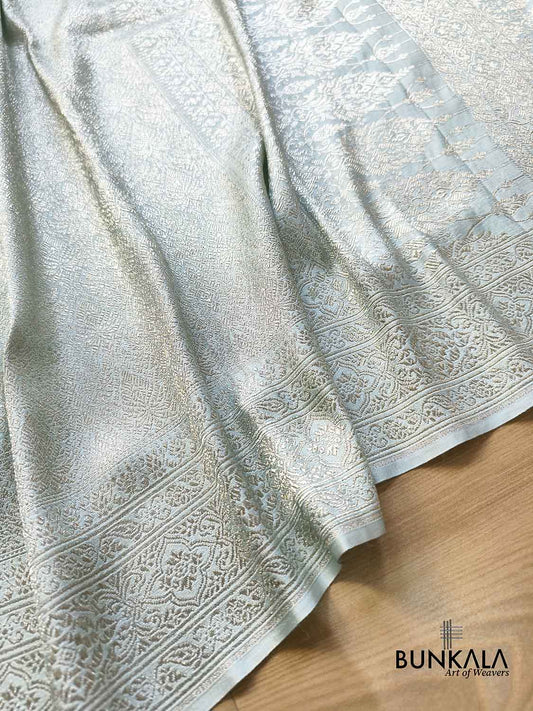 Powder Blue Vintage Motif Big Border Brocade Weaved Banarasi Mashru Silk Saree