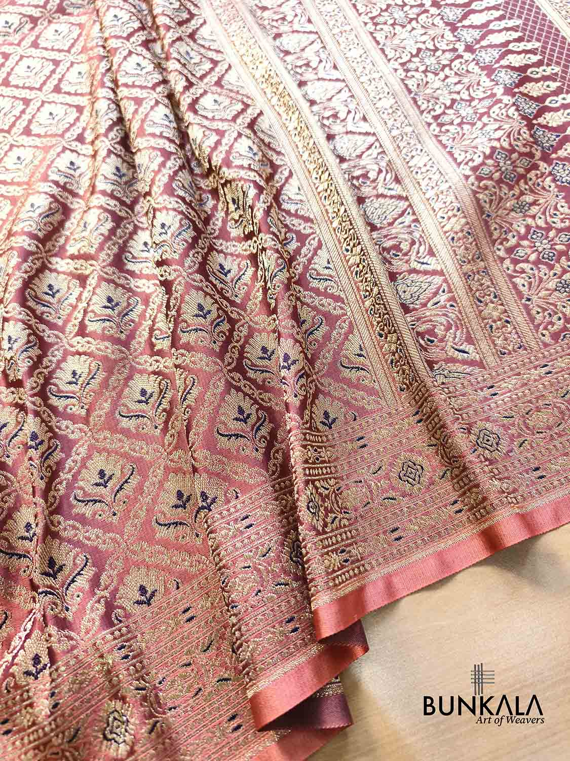 Peach & Blue Mughal Motif Brocade Weaved Banarasi Mashru Silk Saree