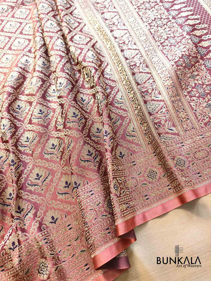 Peach & Blue Mughal Motif Brocade Weaved Banarasi Mashru Silk Saree
