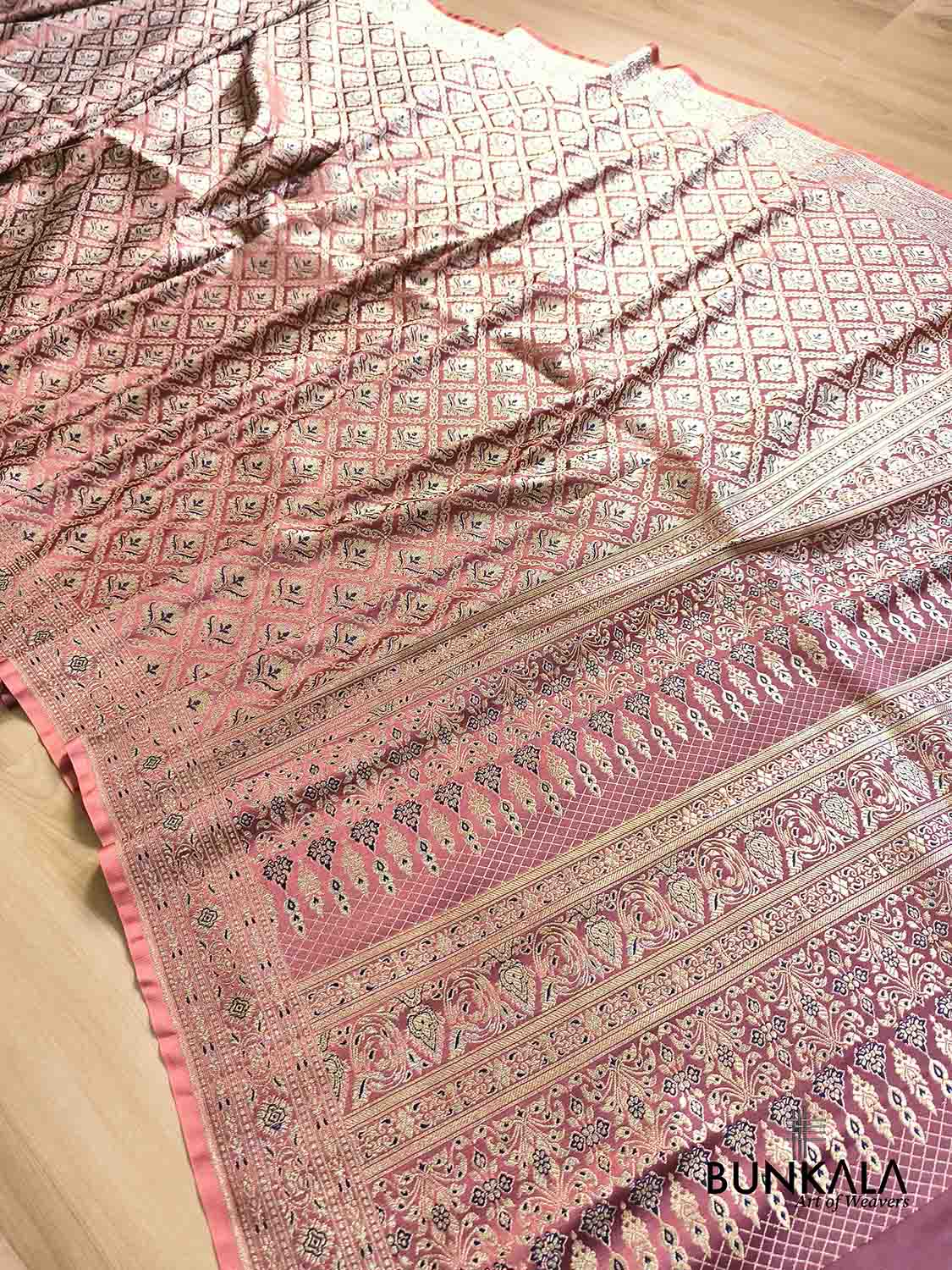 Peach & Blue Mughal Motif Brocade Weaved Banarasi Mashru Silk Saree