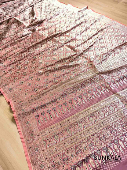 Peach & Blue Mughal Motif Brocade Weaved Banarasi Mashru Silk Saree