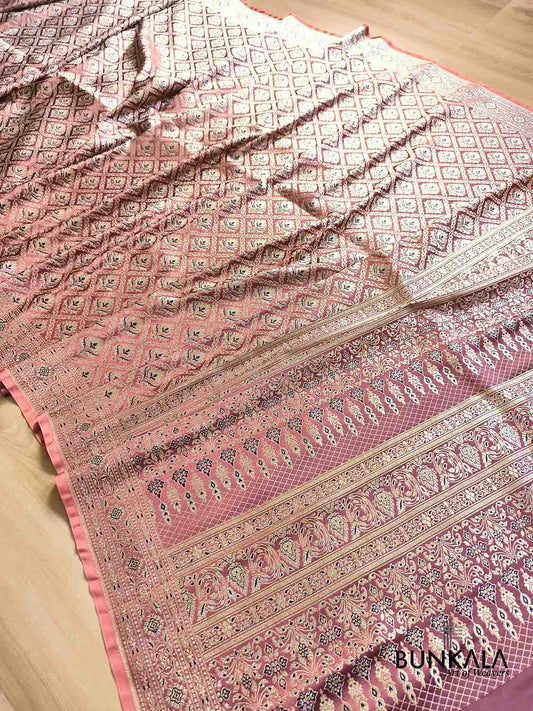 Peach & Blue Mughal Motif Brocade Weaved Banarasi Mashru Silk Saree