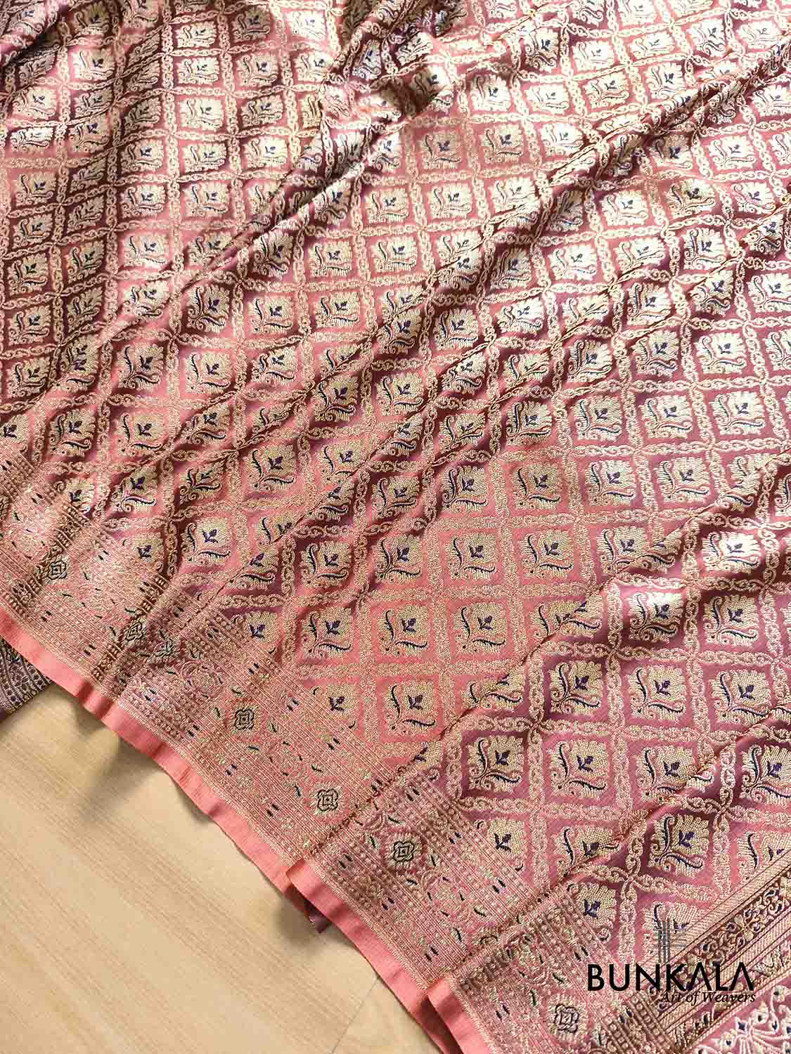 Peach & Blue Mughal Motif Brocade Weaved Banarasi Mashru Silk Saree