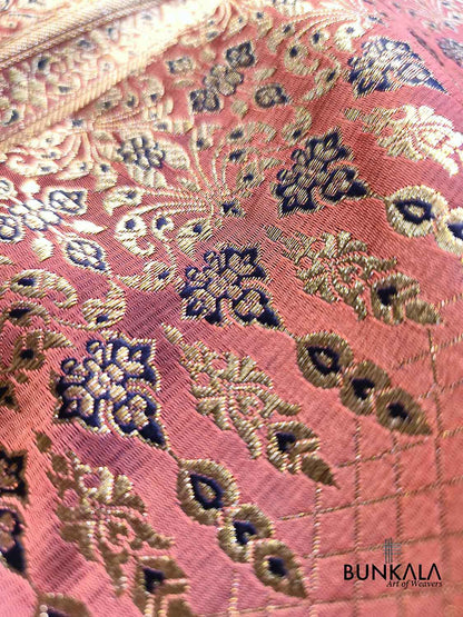 Peach & Blue Mughal Motif Brocade Weaved Banarasi Mashru Silk Saree