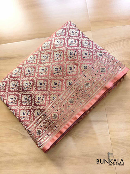 Peach & Blue Mughal Motif Brocade Weaved Banarasi Mashru Silk Saree