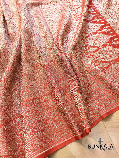Burnt Orange Vintage Motif Big Border Brocade Weaved Banarasi Mashru Silk Saree
