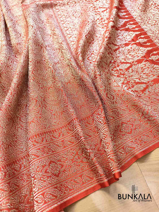 Burnt Orange Vintage Motif Big Border Brocade Weaved Banarasi Mashru Silk Saree
