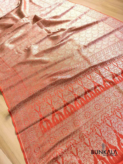 Burnt Orange Vintage Motif Big Border Brocade Weaved Banarasi Mashru Silk Saree