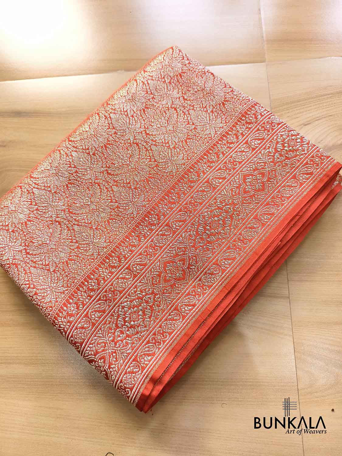 Burnt Orange Vintage Motif Big Border Brocade Weaved Banarasi Mashru Silk Saree
