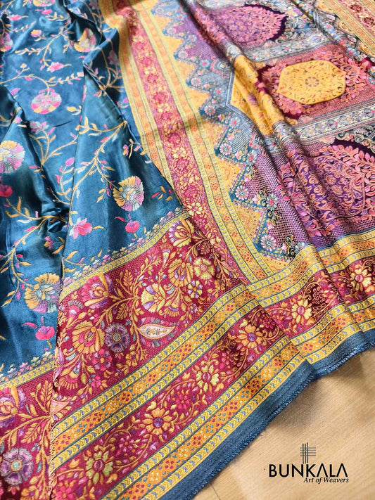 Peacock Blue Banarasi Kani Work Pattern Multicolor Floral Jaal Mashru Silk Saree