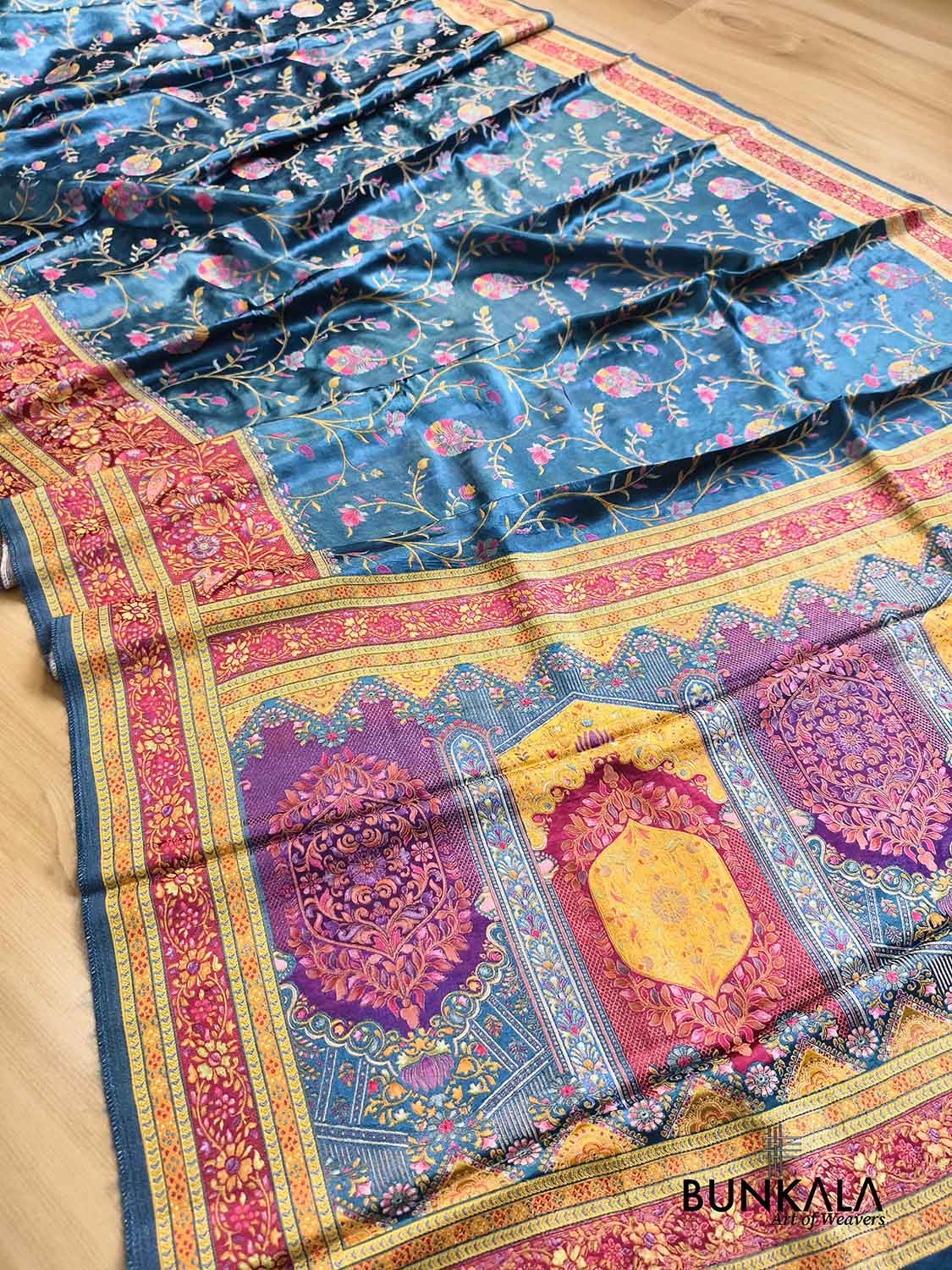Peacock Blue Banarasi Kani Work Pattern Multicolor Floral Jaal Mashru Silk Saree