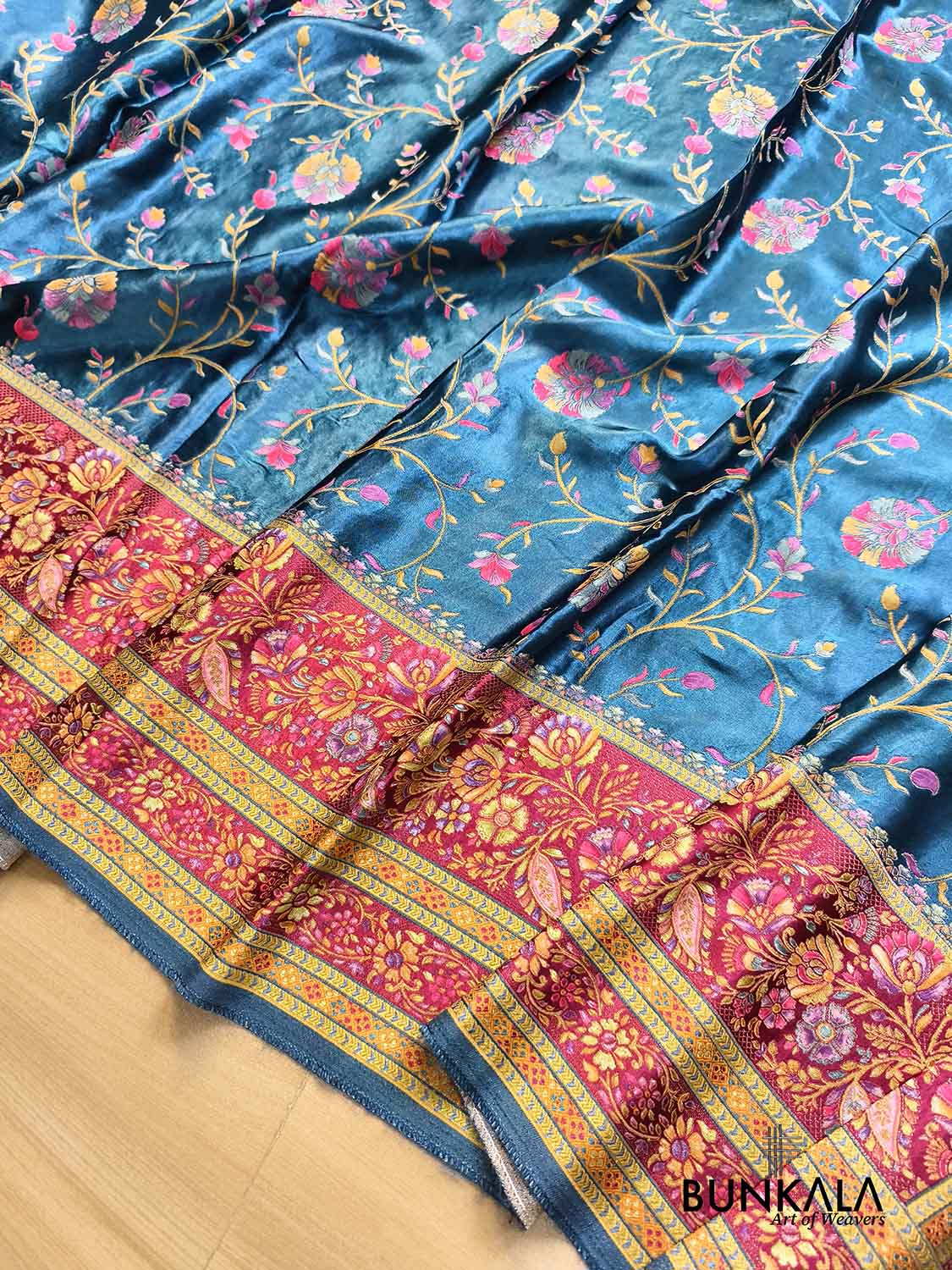 Peacock Blue Banarasi Kani Work Pattern Multicolor Floral Jaal Mashru Silk Saree