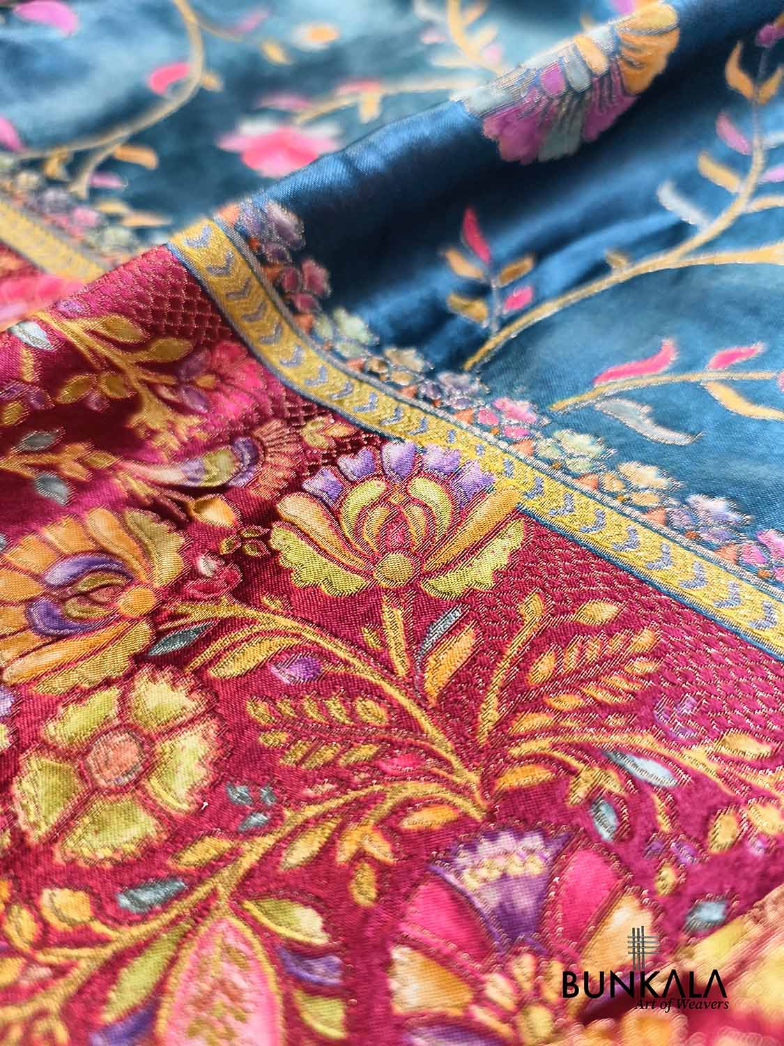 Peacock Blue Banarasi Kani Work Pattern Multicolor Floral Jaal Mashru Silk Saree