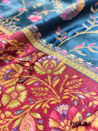 Peacock Blue Banarasi Kani Work Pattern Multicolor Floral Jaal Mashru Silk Saree