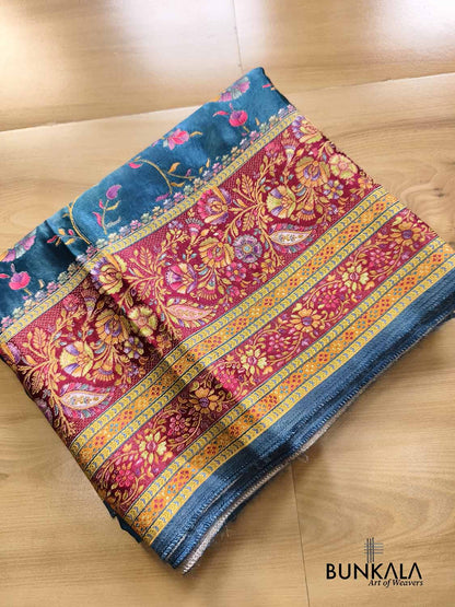 Peacock Blue Banarasi Kani Work Pattern Multicolor Floral Jaal Mashru Silk Saree