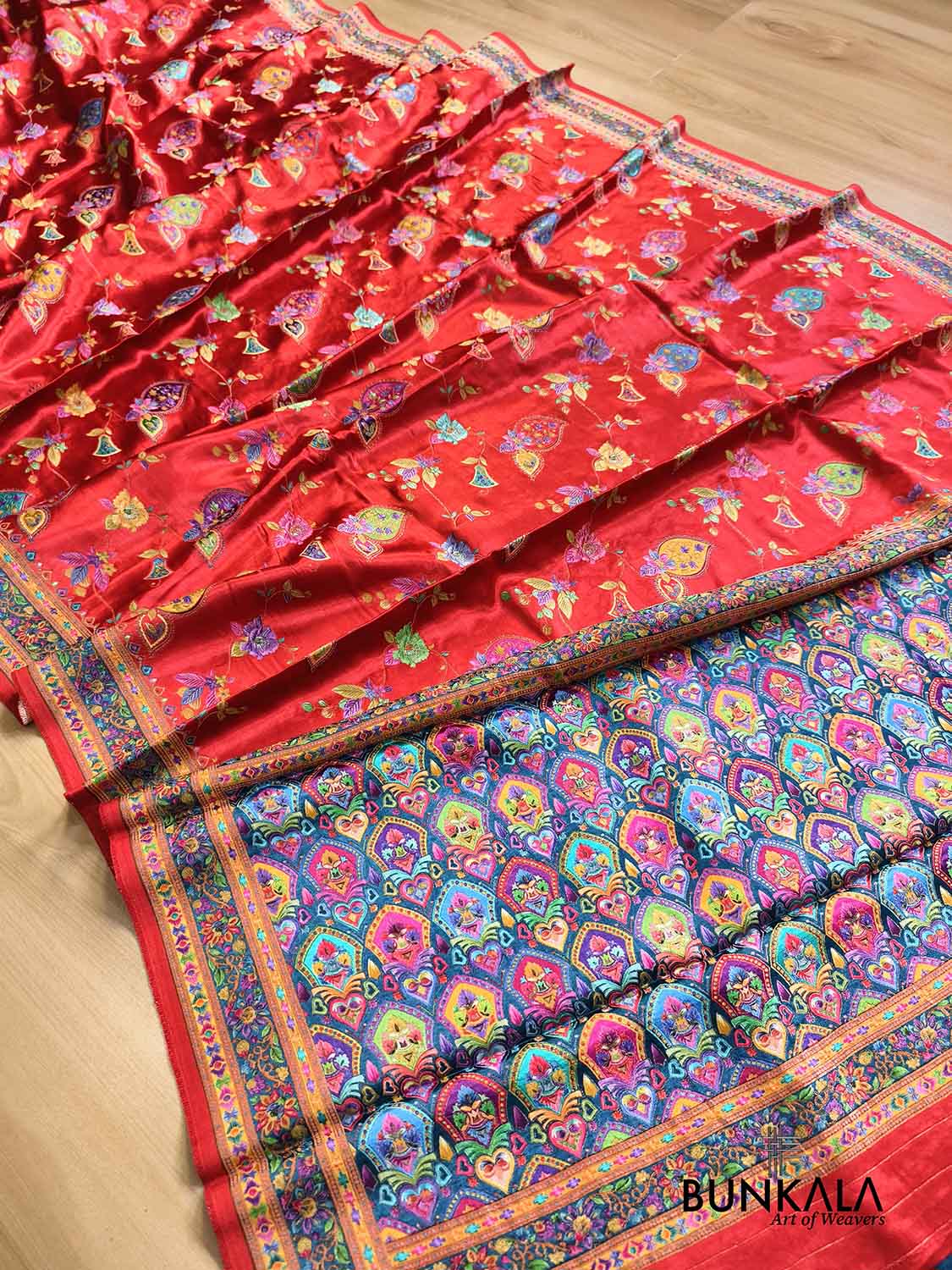 Maharani Red Banarasi Kani Work Pattern Multicolor Floral Jaal Mashru Silk Saree