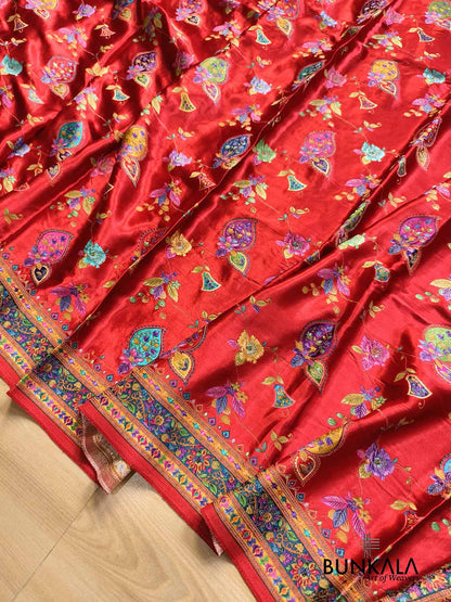 Maharani Red Banarasi Kani Work Pattern Multicolor Floral Jaal Mashru Silk Saree