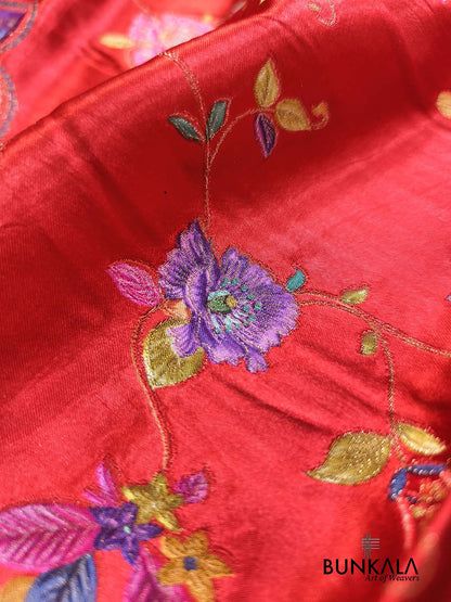 Maharani Red Banarasi Kani Work Pattern Multicolor Floral Jaal Mashru Silk Saree