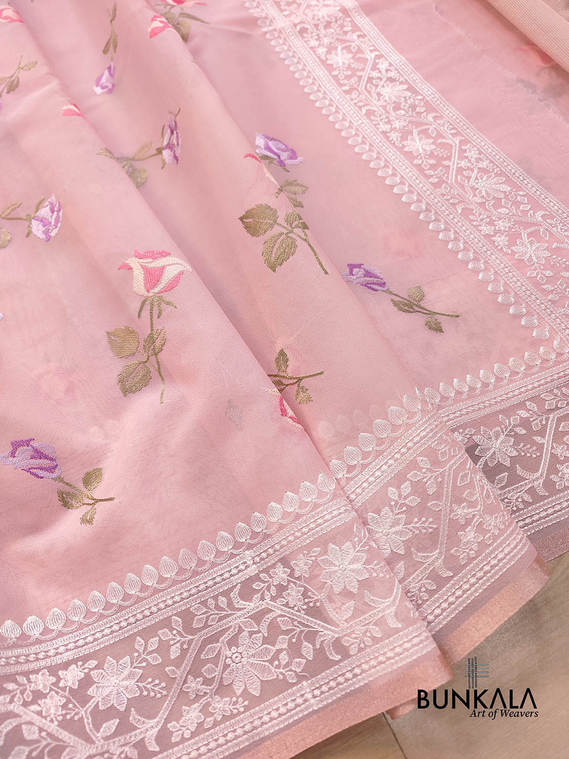 Baby Pink Multicolor Thread Work Rose Design Embroidered Organza Saree