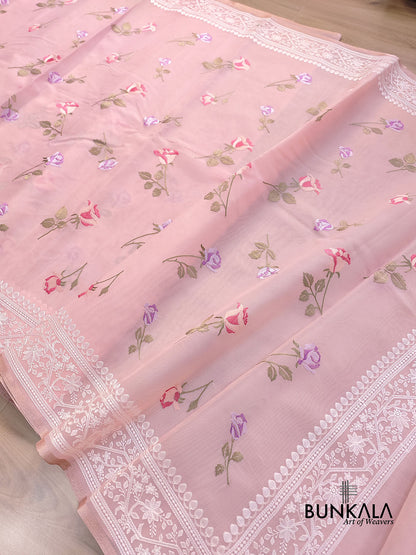 Baby Pink Multicolor Thread Work Rose Design Embroidered Organza Saree