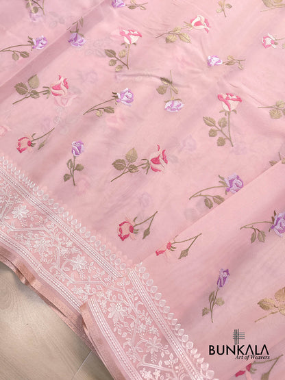 Baby Pink Multicolor Thread Work Rose Design Embroidered Organza Saree
