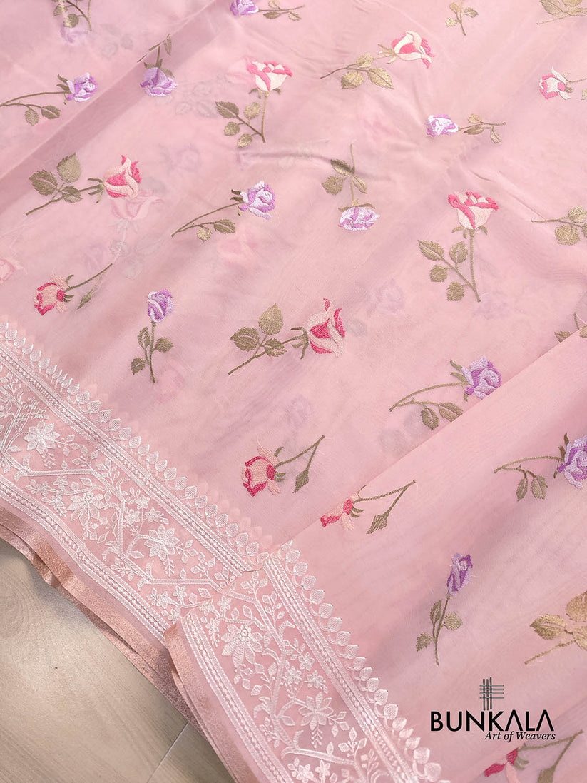Women's Organza Digital print Hand Work Baby Pink Saree With Blouse Piece