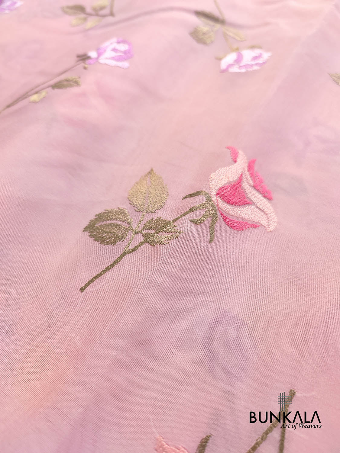 Baby Pink Multicolor Thread Work Rose Design Embroidered Organza Saree