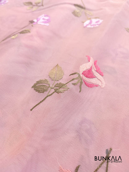 Baby Pink Multicolor Thread Work Rose Design Embroidered Organza Saree