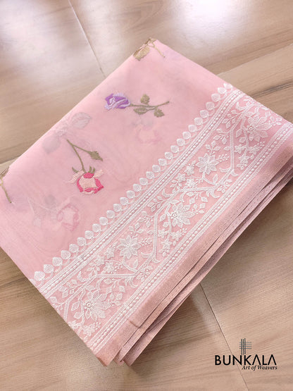 Baby Pink Multicolor Thread Work Rose Design Embroidered Organza Saree