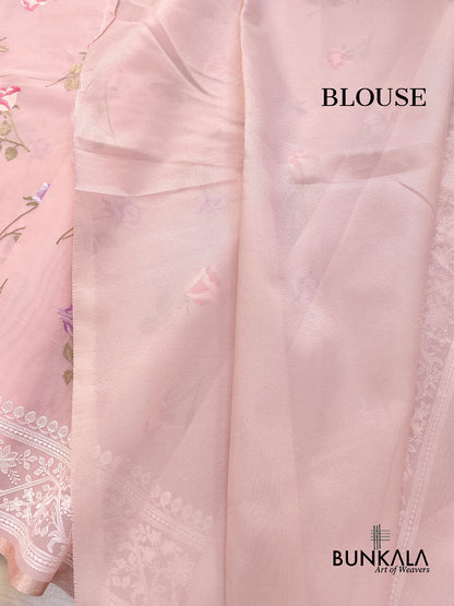 Baby Pink Multicolor Thread Work Rose Design Embroidered Organza Saree